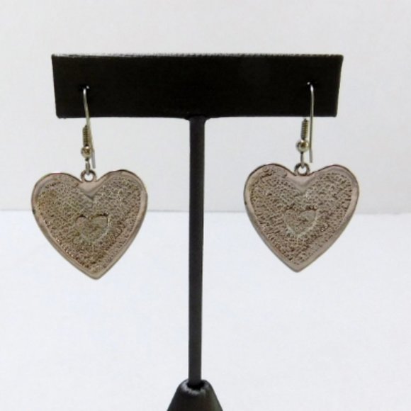 Triple Heart, Fish Hook Earrings, Silvertone, Faux Turquoise Center, Christmas - Picture 6 of 8